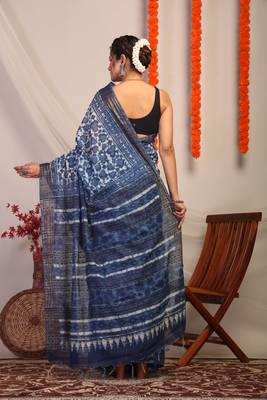 indigo blue zari work cotton silk blend bhagalpuri ethnic saree with unstitched blouse 2
