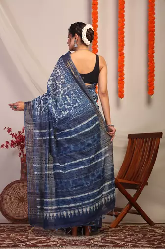 indigo blue zari work cotton silk blend bhagalpuri ethnic saree with unstitched blouse