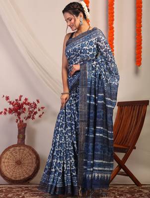 indigo blue zari work cotton silk blend bhagalpuri ethnic saree with unstitched blouse 3