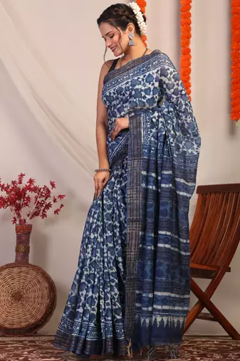 indigo blue zari work cotton silk blend bhagalpuri ethnic saree with unstitched blouse