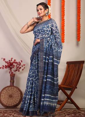indigo blue zari work cotton silk blend bhagalpuri ethnic saree with unstitched blouse 4