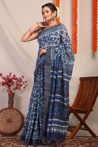 indigo blue zari work cotton silk blend bhagalpuri ethnic saree with unstitched blouse