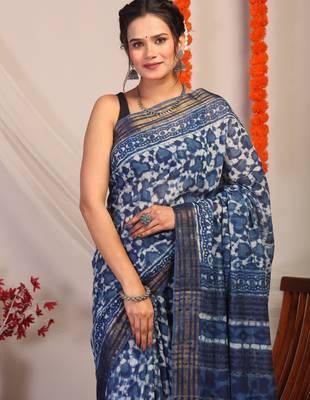 indigo blue zari work cotton silk blend bhagalpuri ethnic saree with unstitched blouse 5