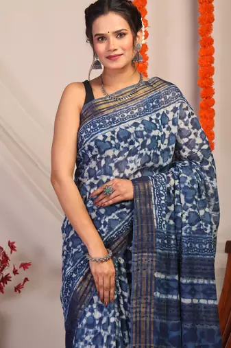 indigo blue zari work cotton silk blend bhagalpuri ethnic saree with unstitched blouse