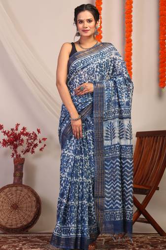 indigo blue zari work cotton silk blend bhagalpuri ethnic saree with unstitched blouse