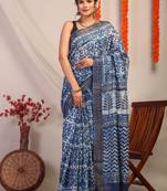 indigo blue zari work cotton silk blend bhagalpuri ethnic saree with unstitched blouse