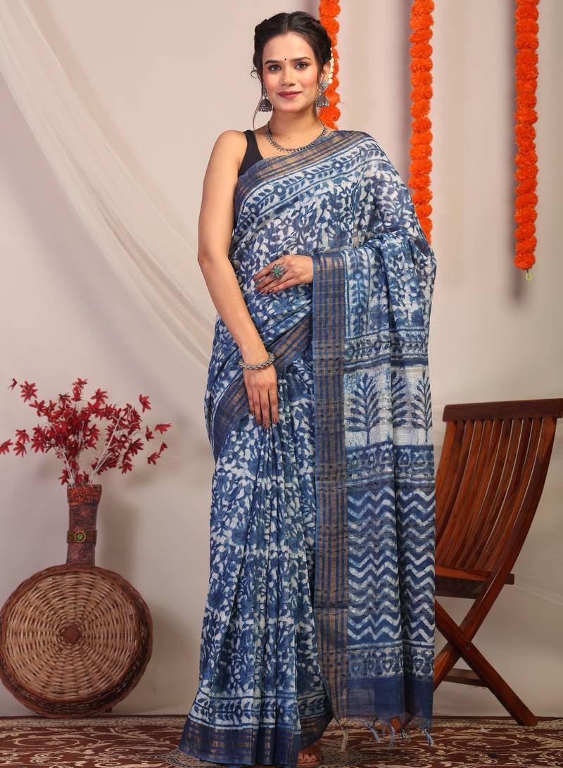 indigo blue zari work cotton silk blend bhagalpuri ethnic saree with unstitched blouse