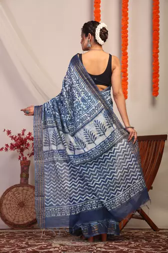 indigo blue zari work cotton silk blend bhagalpuri ethnic saree with unstitched blouse