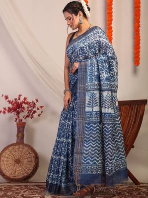 indigo blue zari work cotton silk blend bhagalpuri ethnic saree with unstitched blouse 3