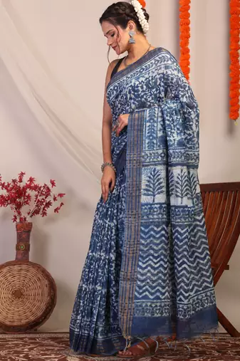 indigo blue zari work cotton silk blend bhagalpuri ethnic saree with unstitched blouse