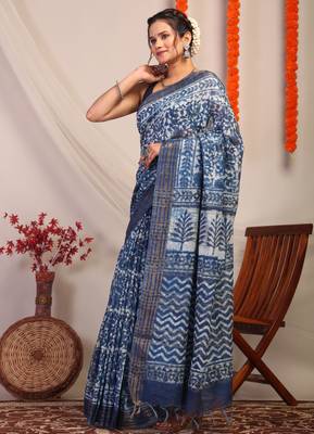 indigo blue zari work cotton silk blend bhagalpuri ethnic saree with unstitched blouse 4