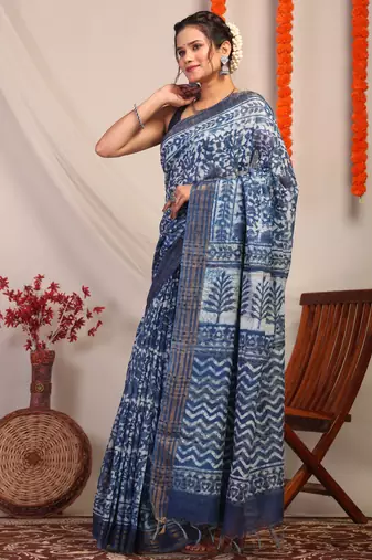 indigo blue zari work cotton silk blend bhagalpuri ethnic saree with unstitched blouse