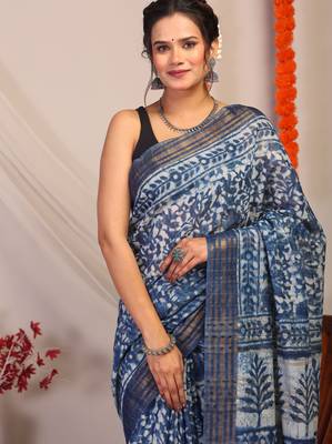 indigo blue zari work cotton silk blend bhagalpuri ethnic saree with unstitched blouse 5
