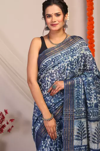 indigo blue zari work cotton silk blend bhagalpuri ethnic saree with unstitched blouse
