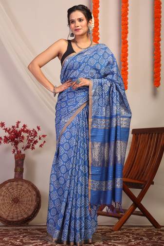 blue zari work, sequence cotton silk blend bhagalpuri ethnic saree with unstitched blouse