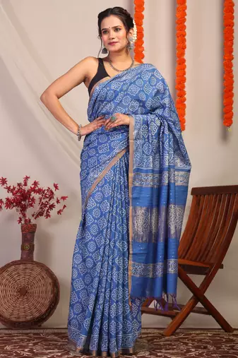 blue zari work, sequence cotton silk blend bhagalpuri ethnic saree with unstitched blouse