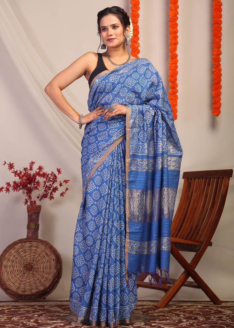 blue zari work, sequence cotton silk blend bhagalpuri ethnic saree with unstitched blouse