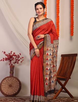 red & multicolor zari work cotton silk blend bhagalpuri ethnic saree with unstitched blouse 1