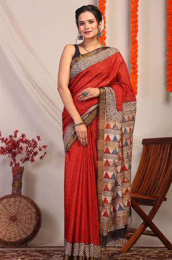 red & multicolor zari work cotton silk blend bhagalpuri ethnic saree with unstitched blouse