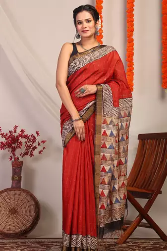 red & multicolor zari work cotton silk blend bhagalpuri ethnic saree with unstitched blouse