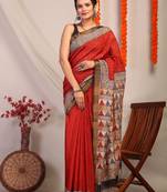 red & multicolor zari work cotton silk blend bhagalpuri ethnic saree with unstitched blouse