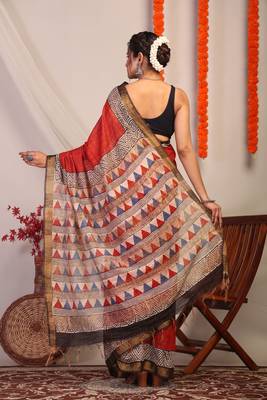 red & multicolor zari work cotton silk blend bhagalpuri ethnic saree with unstitched blouse 2