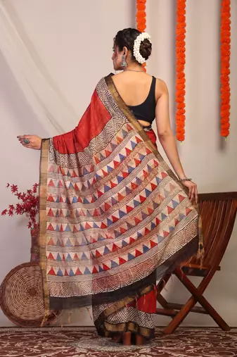 red & multicolor zari work cotton silk blend bhagalpuri ethnic saree with unstitched blouse