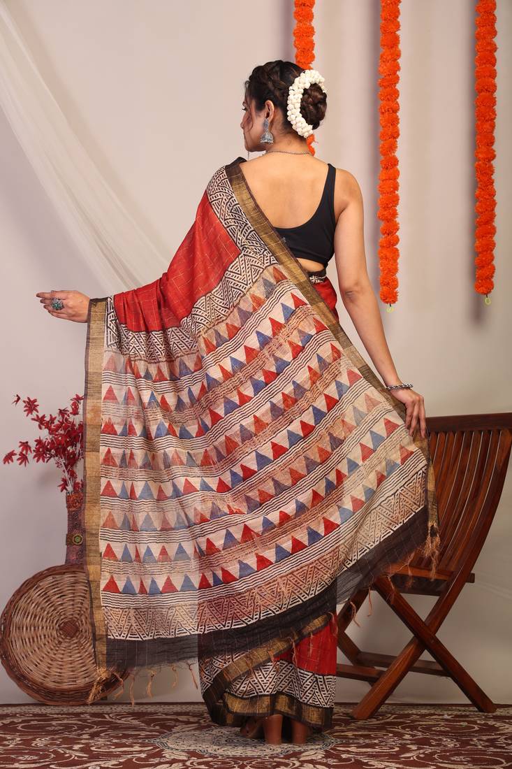 red & multicolor zari work cotton silk blend bhagalpuri ethnic saree with unstitched blouse