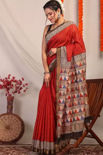 red & multicolor zari work cotton silk blend bhagalpuri ethnic saree with unstitched blouse