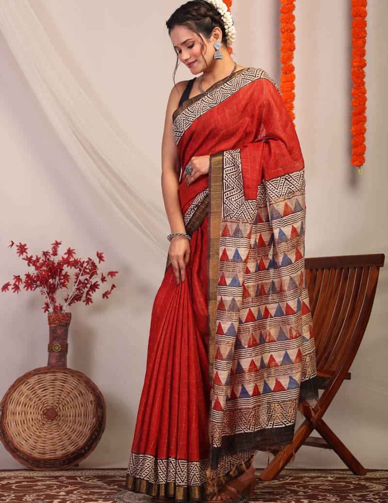 red & multicolor zari work cotton silk blend bhagalpuri ethnic saree with unstitched blouse