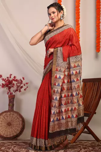 red & multicolor zari work cotton silk blend bhagalpuri ethnic saree with unstitched blouse