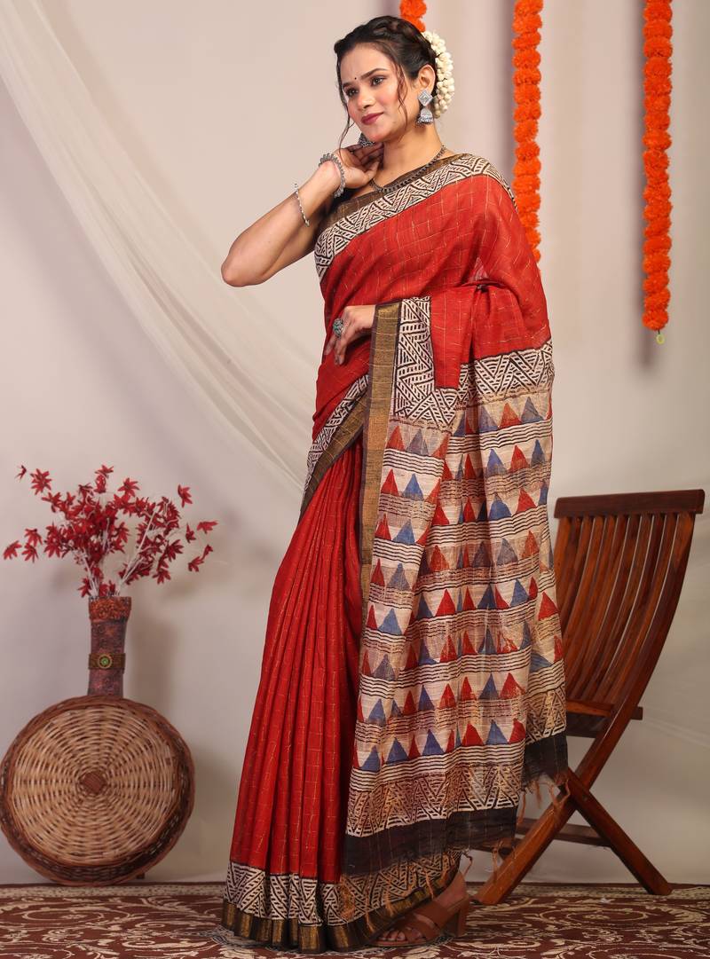 red & multicolor zari work cotton silk blend bhagalpuri ethnic saree with unstitched blouse