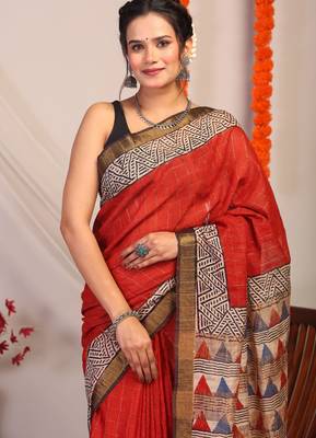 red & multicolor zari work cotton silk blend bhagalpuri ethnic saree with unstitched blouse 5