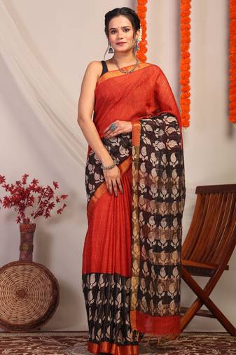 red & black zari work cotton silk blend bhagalpuri ethnic saree with unstitched blouse