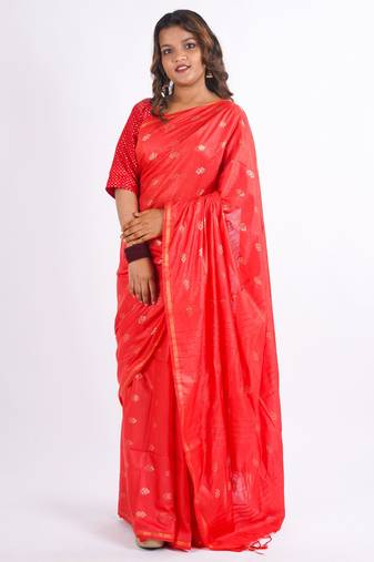 red zari work, sequence cotton silk blend bhagalpuri ethnic saree with unstitched blouse