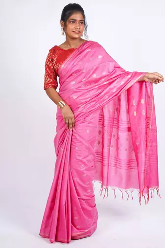 pink zari work, sequence cotton silk blend bhagalpuri ethnic saree with unstitched blouse