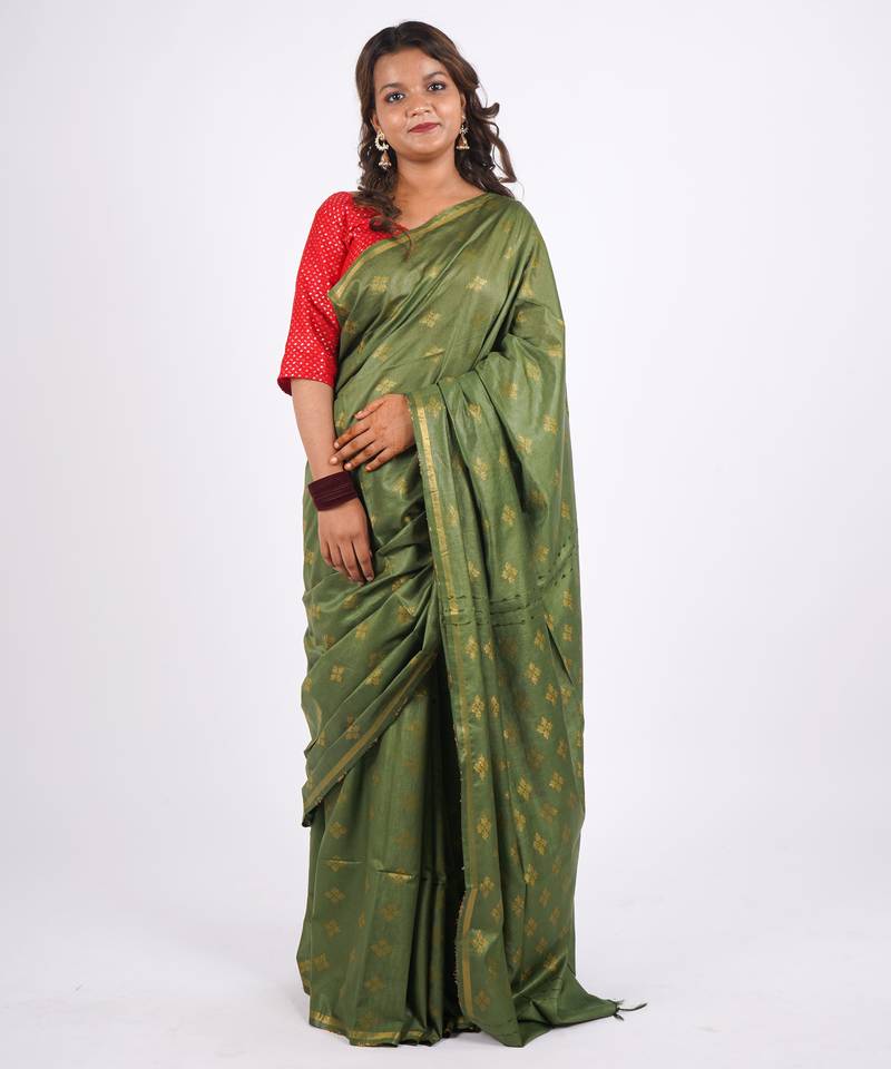 green zari work, sequence cotton silk blend bhagalpuri ethnic saree with unstitched blouse
