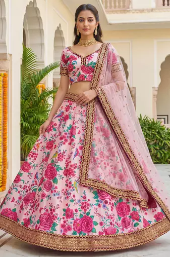  light pink floral printed silk festival lehenga set choli with dupatta