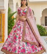  light pink floral printed silk festival lehenga set choli with dupatta