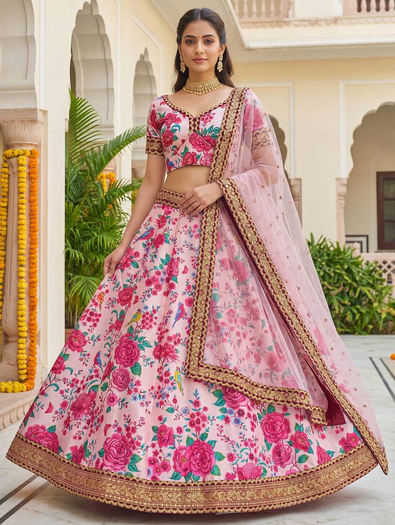  light pink floral printed silk festival lehenga set choli with dupatta