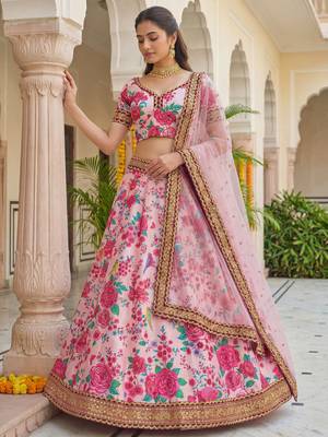  light pink floral printed silk festival lehenga set choli with dupatta 2