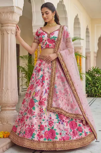  light pink floral printed silk festival lehenga set choli with dupatta