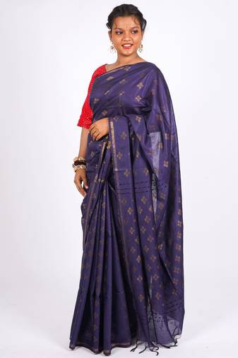 dark blue zari work, sequence cotton silk blend bhagalpuri ethnic saree with unstitched blouse