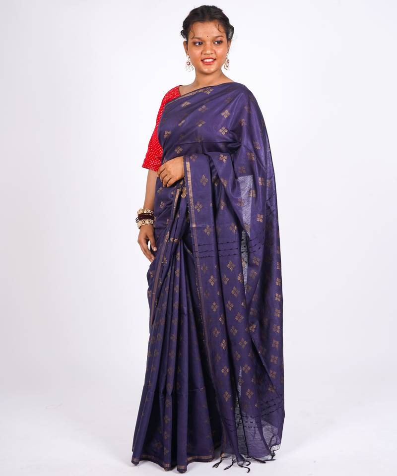 dark blue zari work, sequence cotton silk blend bhagalpuri ethnic saree with unstitched blouse