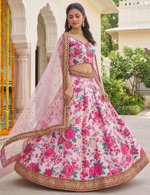  light pink floral printed silk festival lehenga set choli with dupatta 3