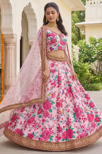  light pink floral printed silk festival lehenga set choli with dupatta