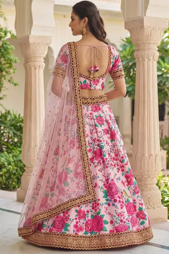  light pink floral printed silk festival lehenga set choli with dupatta