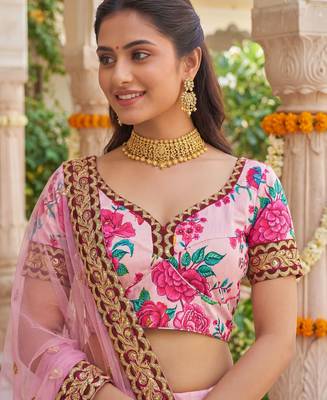  light pink floral printed silk festival lehenga set choli with dupatta 5