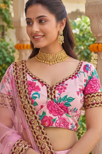  light pink floral printed silk festival lehenga set choli with dupatta