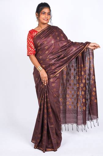 brown zari work, sequence cotton silk blend bhagalpuri ethnic saree with unstitched blouse